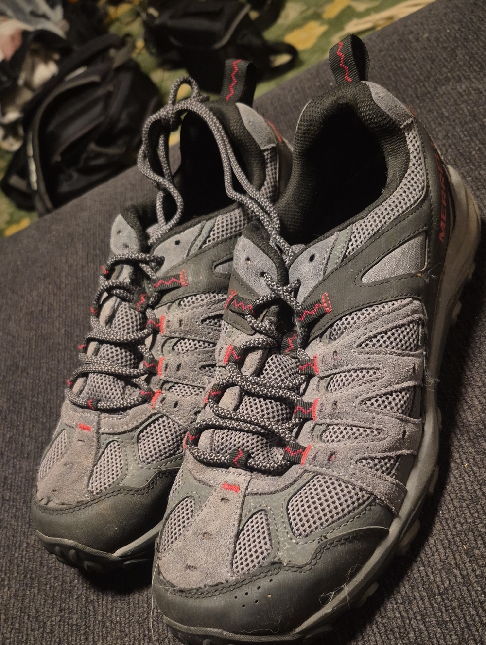 Merrell Men's Grey and Dark Grey Trail Shoes with Red Accents